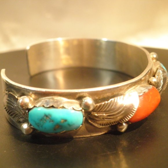 Simplicio Zuni Sterling Turquoise Coral Bracelet - Picture 2 of 5